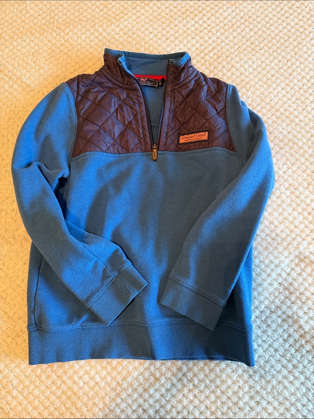 Vineyard Vines Blue Quarter-Zip with Brown Quilted Yoke